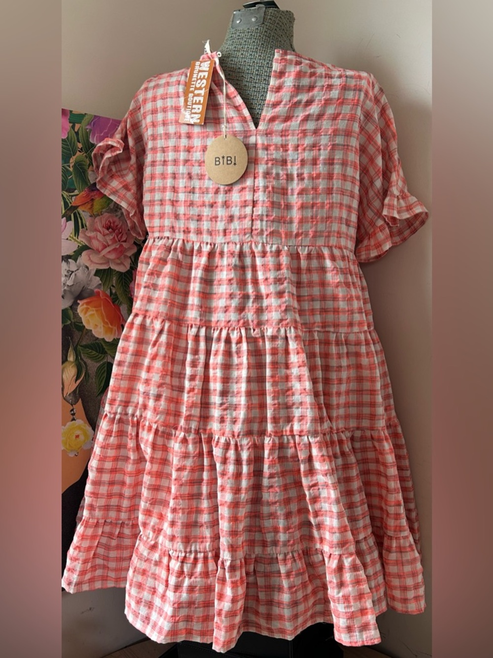 NWT BIBI STILL SPINNING RUFFLED HEM SHORT SLEEVE TIERED RUFFLE DRESS. XL - Picture 4 of 10